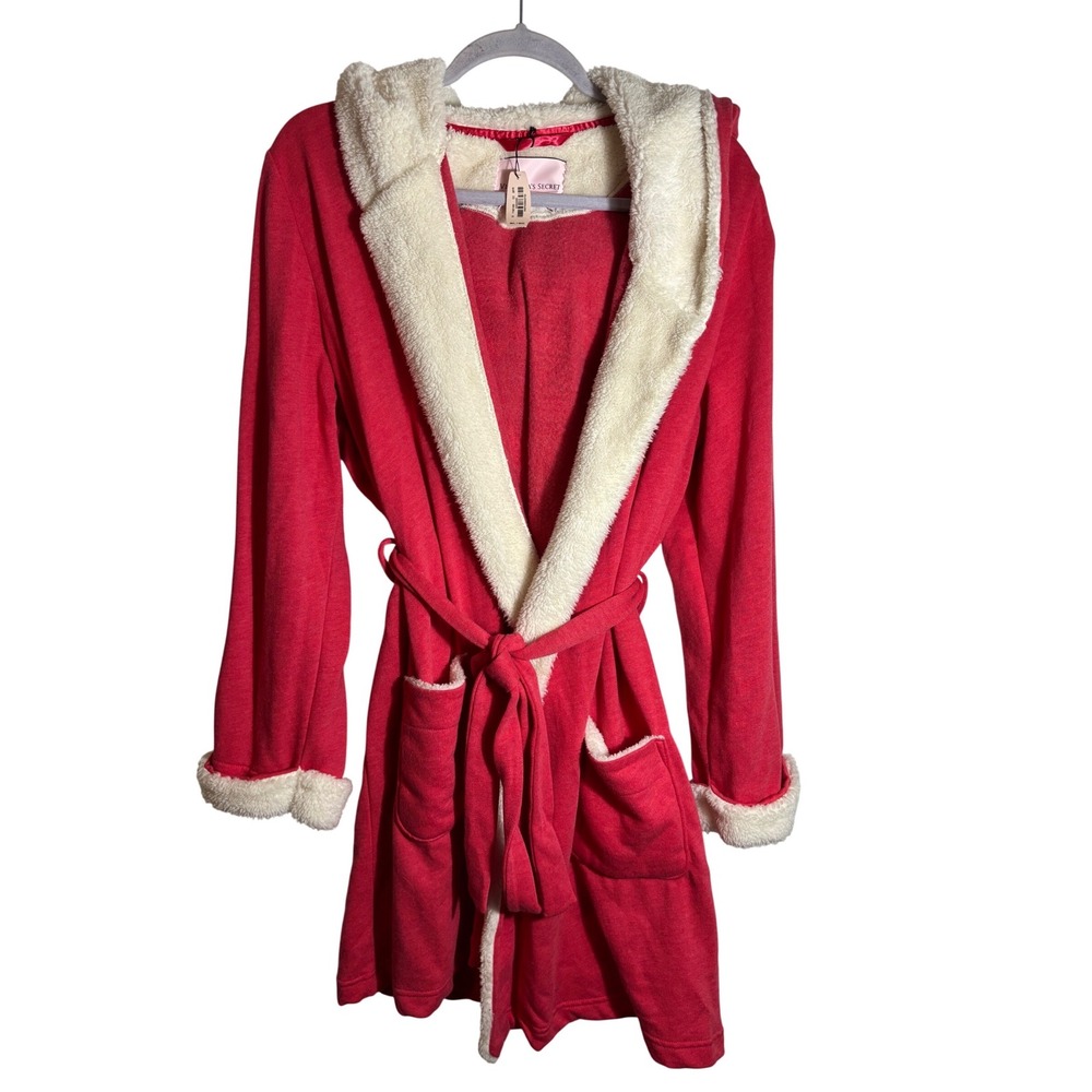 NWT‎ Victoria Secret Red Fleece Sherpa Trim Hooded Fleece Robe Size M/L